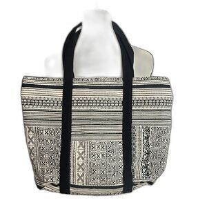 Black White Tribal Print Tote Bag Zippered Cotton India Shoulder Purse